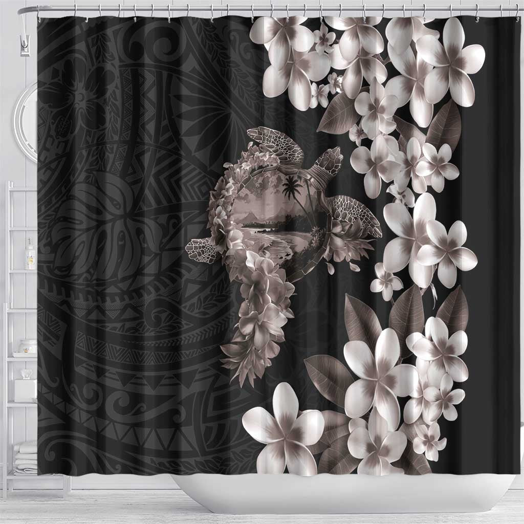 Hawaiian Lei Day Shower Curtain Plumeria and Turtle with Polynesian Tribal Pattern Grayscale Color LT03 - Polynesian Pride