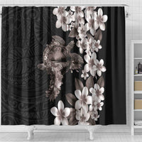 Hawaiian Lei Day Shower Curtain Plumeria and Turtle with Polynesian Tribal Pattern Grayscale Color LT03 - Polynesian Pride