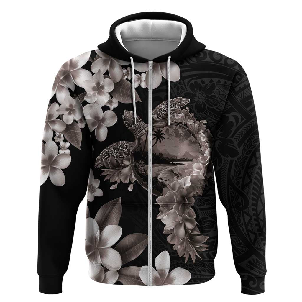 Hawaiian Lei Day Zip Hoodie Plumeria and Turtle with Polynesian Tribal Pattern Grayscale Color LT03 Zip Hoodie Black - Polynesian Pride