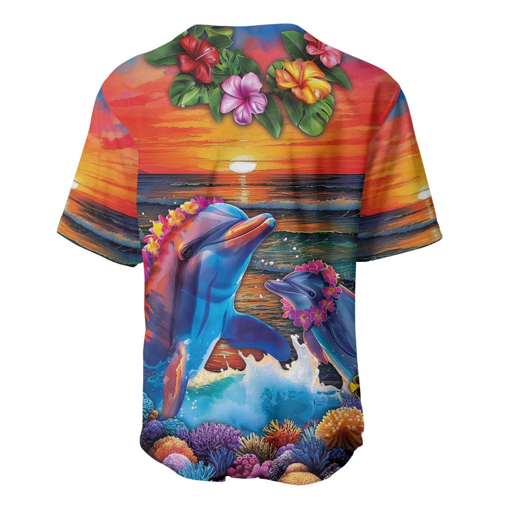 Hawaiian Lei Day Baseball Jersey Dolphins with Colorful Corals and Romantic Sunset LT03 - Polynesian Pride