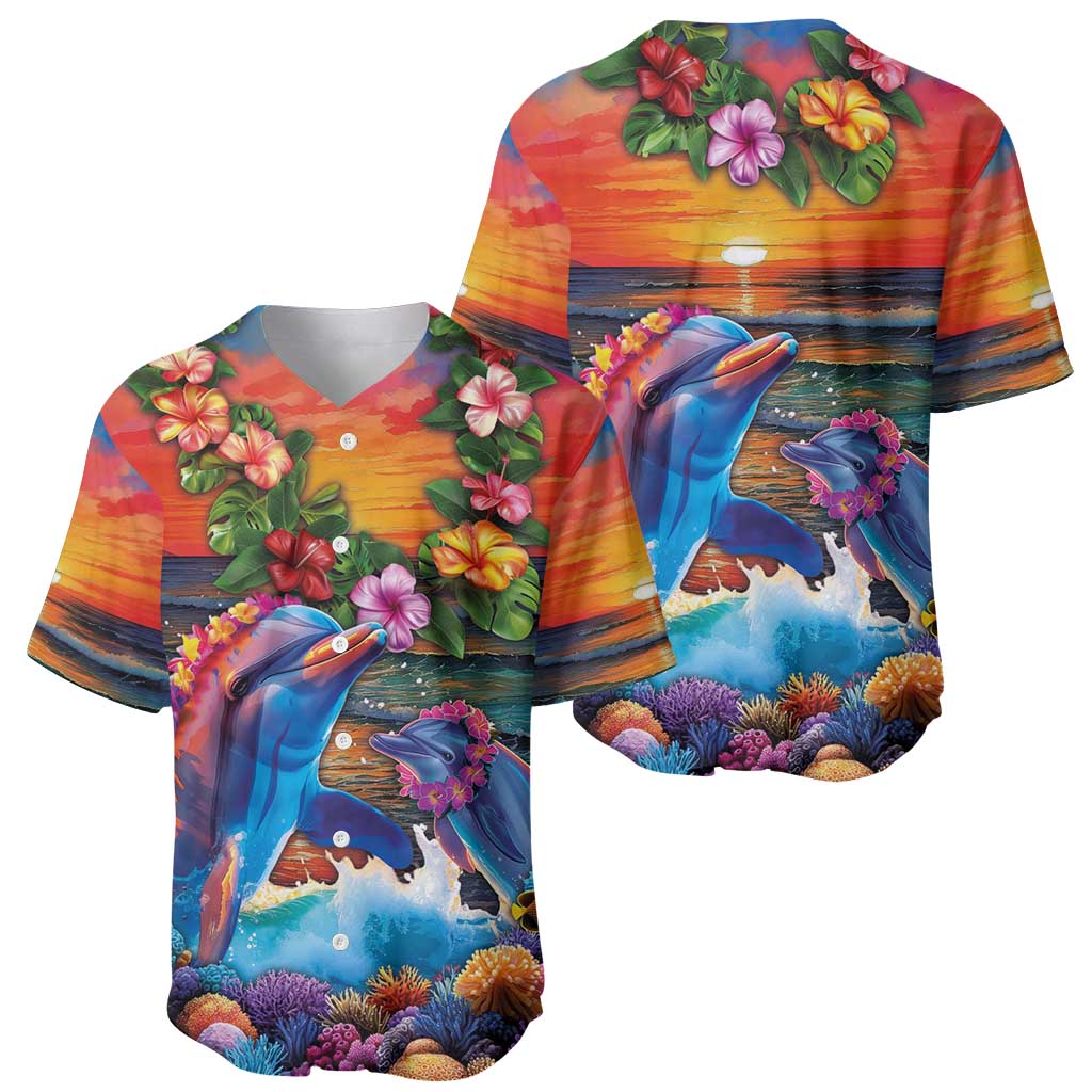 Hawaiian Lei Day Baseball Jersey Dolphins with Colorful Corals and Romantic Sunset LT03 - Polynesian Pride