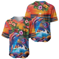 Hawaiian Lei Day Baseball Jersey Dolphins with Colorful Corals and Romantic Sunset LT03 - Polynesian Pride