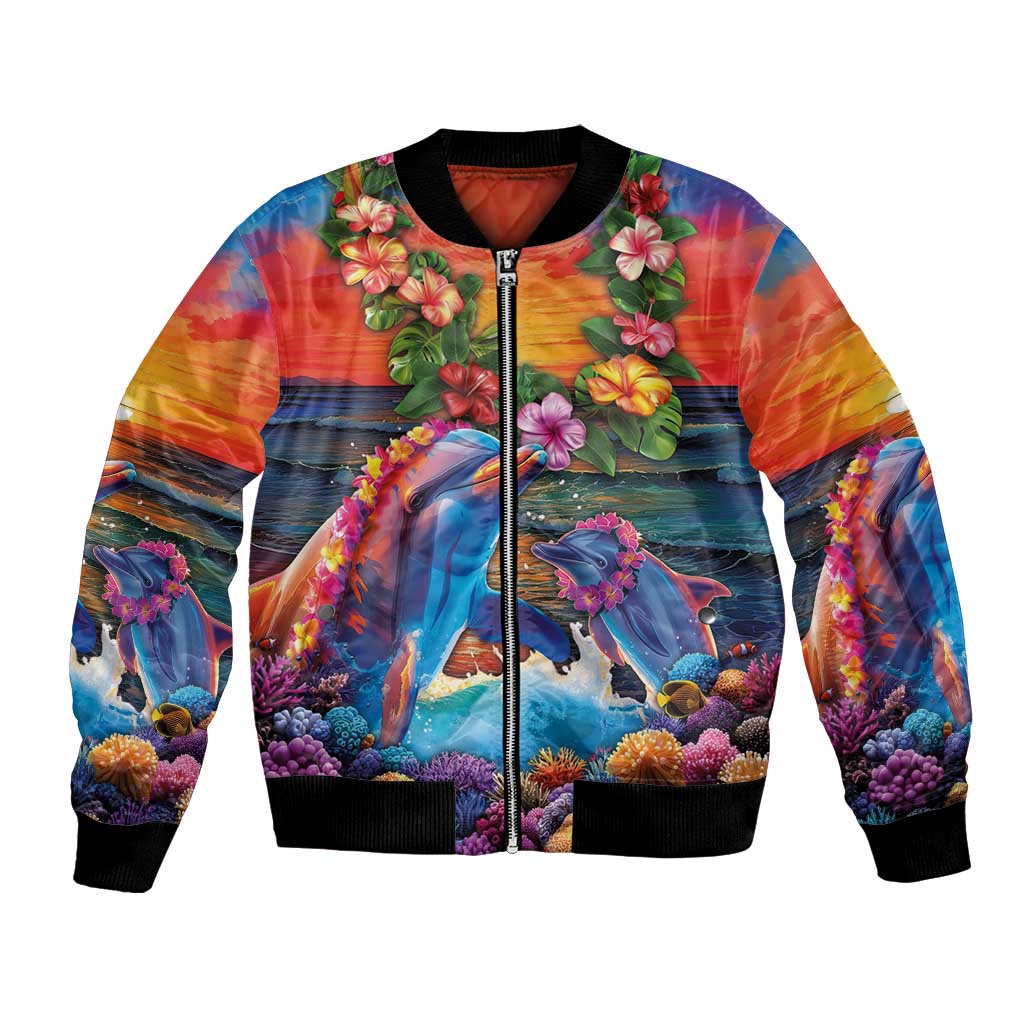 Hawaiian Lei Day Bomber Jacket Dolphins with Colorful Corals and Romantic Sunset LT03 Unisex Orange - Polynesian Pride
