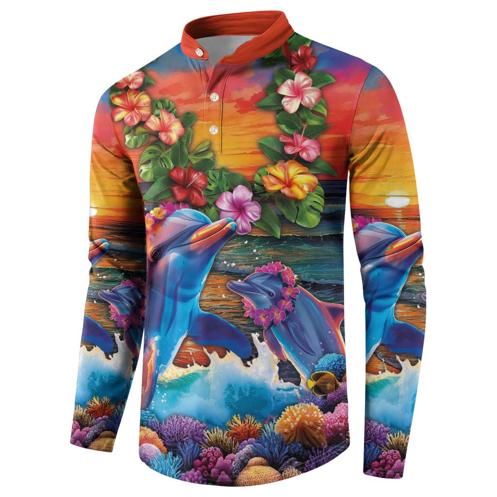 Hawaiian Lei Day Button Sweatshirt Dolphins with Colorful Corals and Romantic Sunset