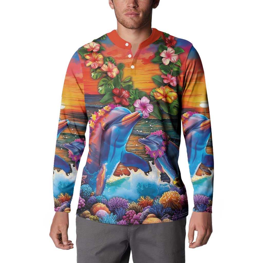 Hawaiian Lei Day Button Sweatshirt Dolphins with Colorful Corals and Romantic Sunset