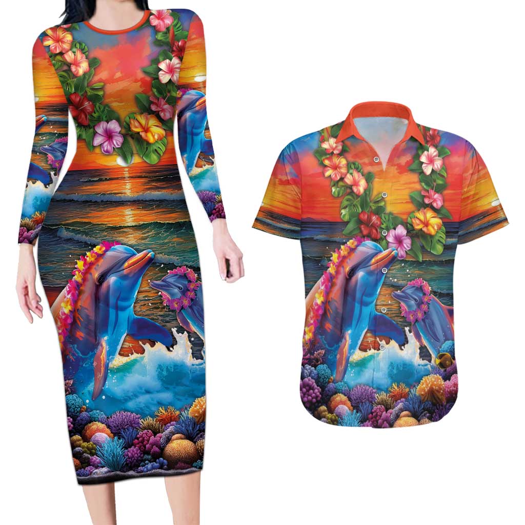Hawaiian Lei Day Couples Matching Long Sleeve Bodycon Dress and Hawaiian Shirt Dolphins with Colorful Corals and Romantic Sunset LT03 Orange - Polynesian Pride