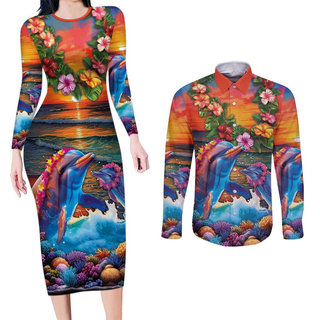 Hawaiian Lei Day Couples Matching Long Sleeve Bodycon Dress and Long Sleeve Button Shirt Dolphins with Colorful Corals and Romantic Sunset LT03 Orange - Polynesian Pride