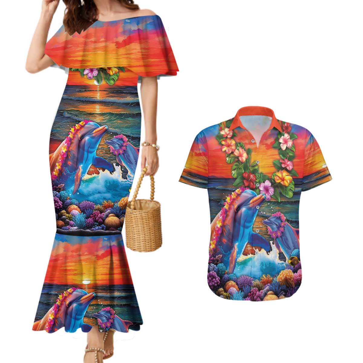 Hawaiian Lei Day Couples Matching Mermaid Dress and Hawaiian Shirt Dolphins with Colorful Corals and Romantic Sunset LT03 Orange - Polynesian Pride