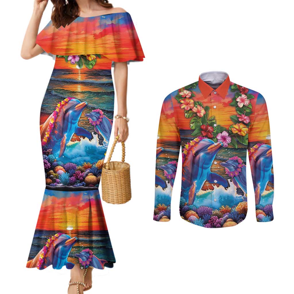 Hawaiian Lei Day Couples Matching Mermaid Dress and Long Sleeve Button Shirt Dolphins with Colorful Corals and Romantic Sunset LT03 Orange - Polynesian Pride