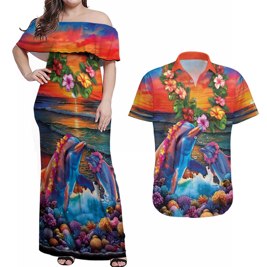 Hawaiian Lei Day Couples Matching Off Shoulder Maxi Dress and Hawaiian Shirt Dolphins with Colorful Corals and Romantic Sunset LT03 Orange - Polynesian Pride