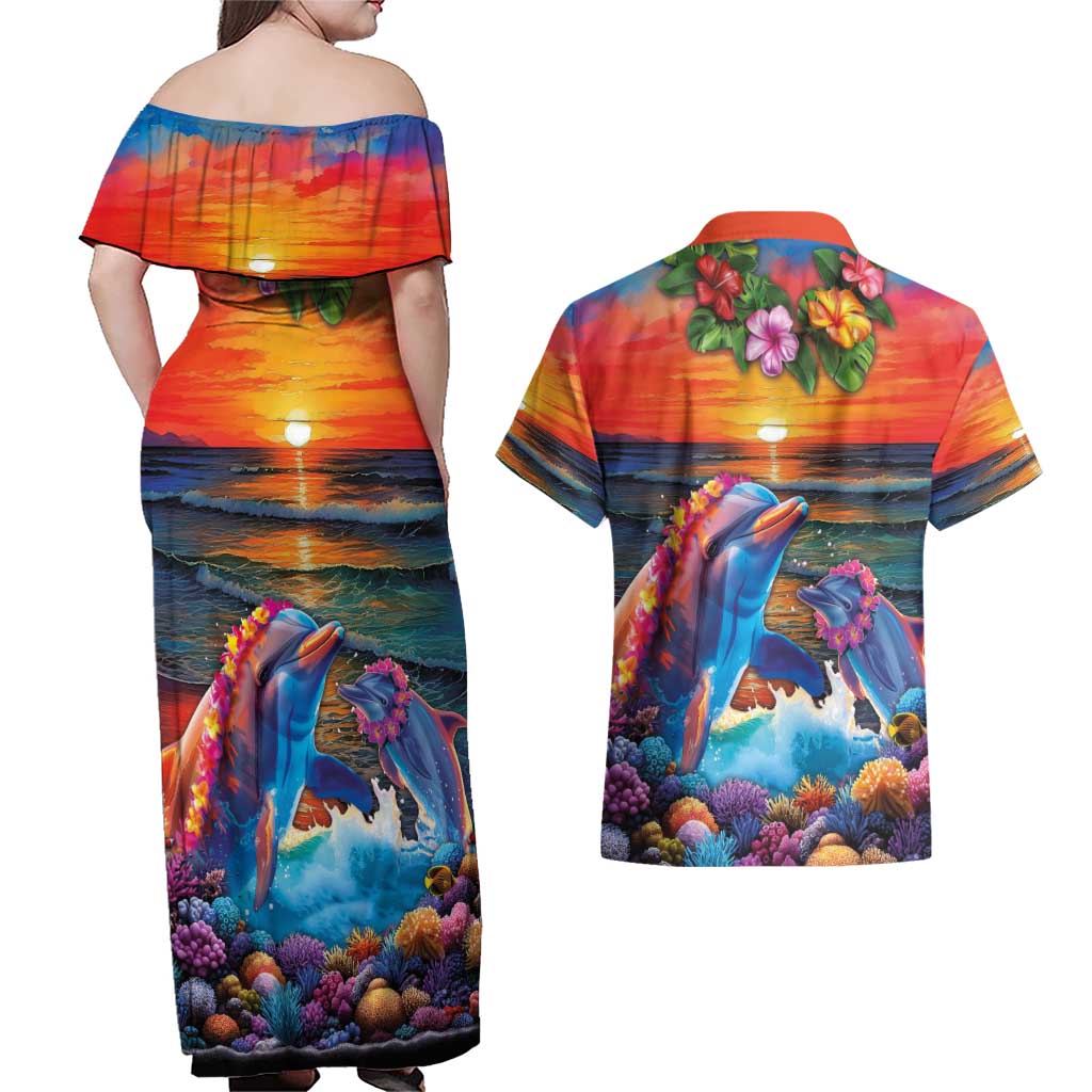 Hawaiian Lei Day Couples Matching Off Shoulder Maxi Dress and Hawaiian Shirt Dolphins with Colorful Corals and Romantic Sunset