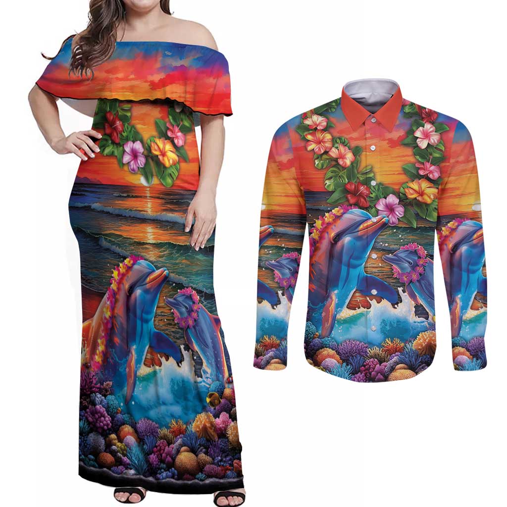Hawaiian Lei Day Couples Matching Off Shoulder Maxi Dress and Long Sleeve Button Shirt Dolphins with Colorful Corals and Romantic Sunset LT03 Orange - Polynesian Pride