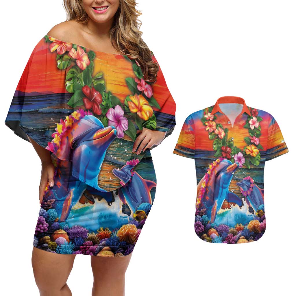 Hawaiian Lei Day Couples Matching Off Shoulder Short Dress and Hawaiian Shirt Dolphins with Colorful Corals and Romantic Sunset LT03 Orange - Polynesian Pride