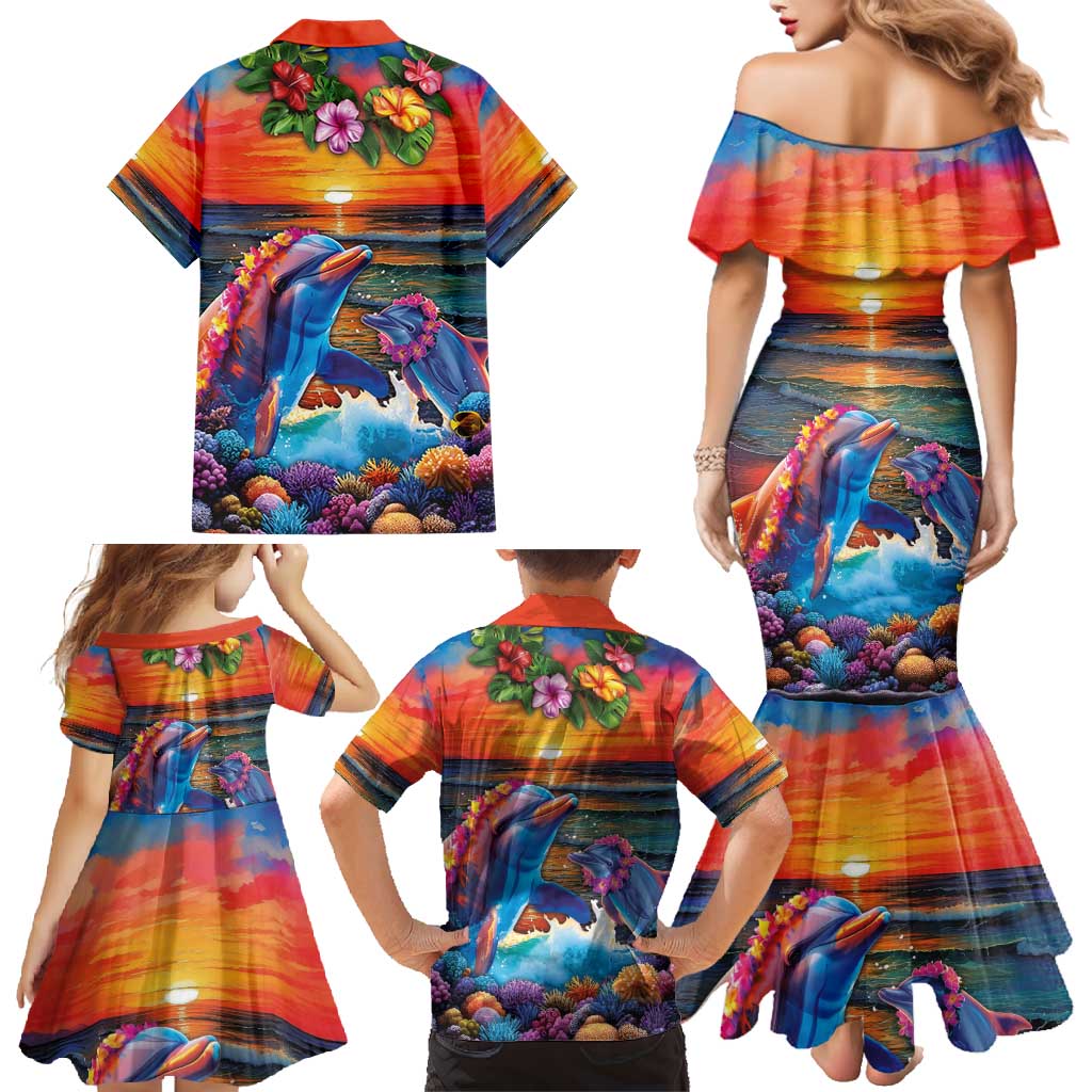 Hawaiian Lei Day Family Matching Mermaid Dress and Hawaiian Shirt Dolphins with Colorful Corals and Romantic Sunset