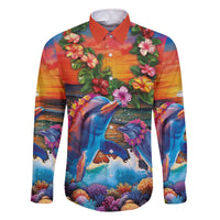 Hawaiian Lei Day Family Matching Off The Shoulder Long Sleeve Dress and Hawaiian Shirt Dolphins with Colorful Corals and Romantic Sunset