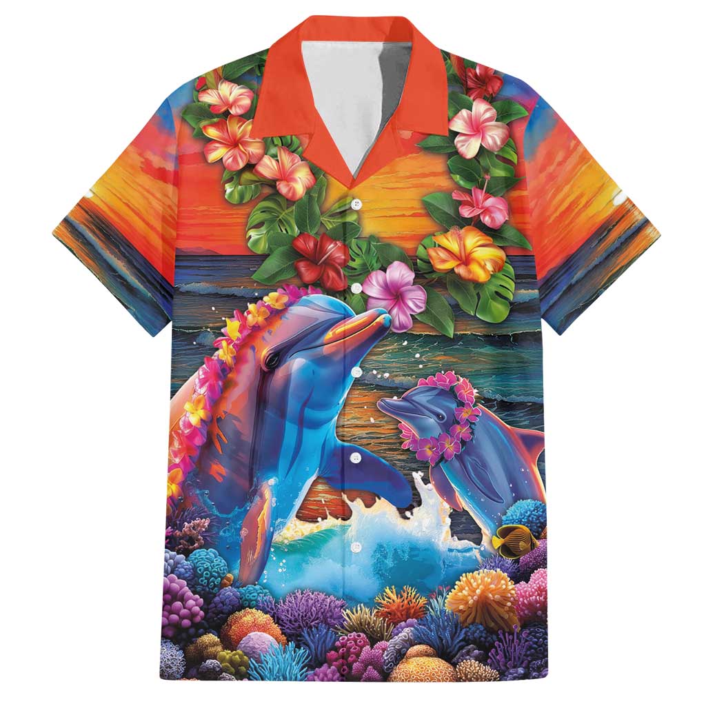 Hawaiian Lei Day Family Matching Off Shoulder Maxi Dress and Hawaiian Shirt Dolphins with Colorful Corals and Romantic Sunset