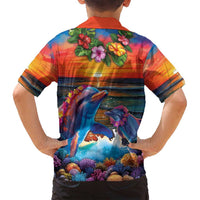 Hawaiian Lei Day Family Matching Summer Maxi Dress and Hawaiian Shirt Dolphins with Colorful Corals and Romantic Sunset LT03 - Polynesian Pride
