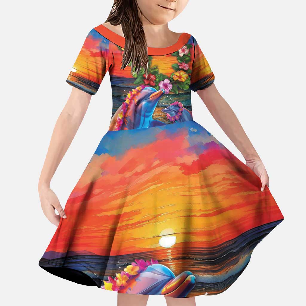 Hawaiian Lei Day Family Matching Summer Maxi Dress and Hawaiian Shirt Dolphins with Colorful Corals and Romantic Sunset LT03 Daughter's Dress Orange - Polynesian Pride