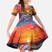 Hawaiian Lei Day Family Matching Summer Maxi Dress and Hawaiian Shirt Dolphins with Colorful Corals and Romantic Sunset LT03 Daughter's Dress Orange - Polynesian Pride