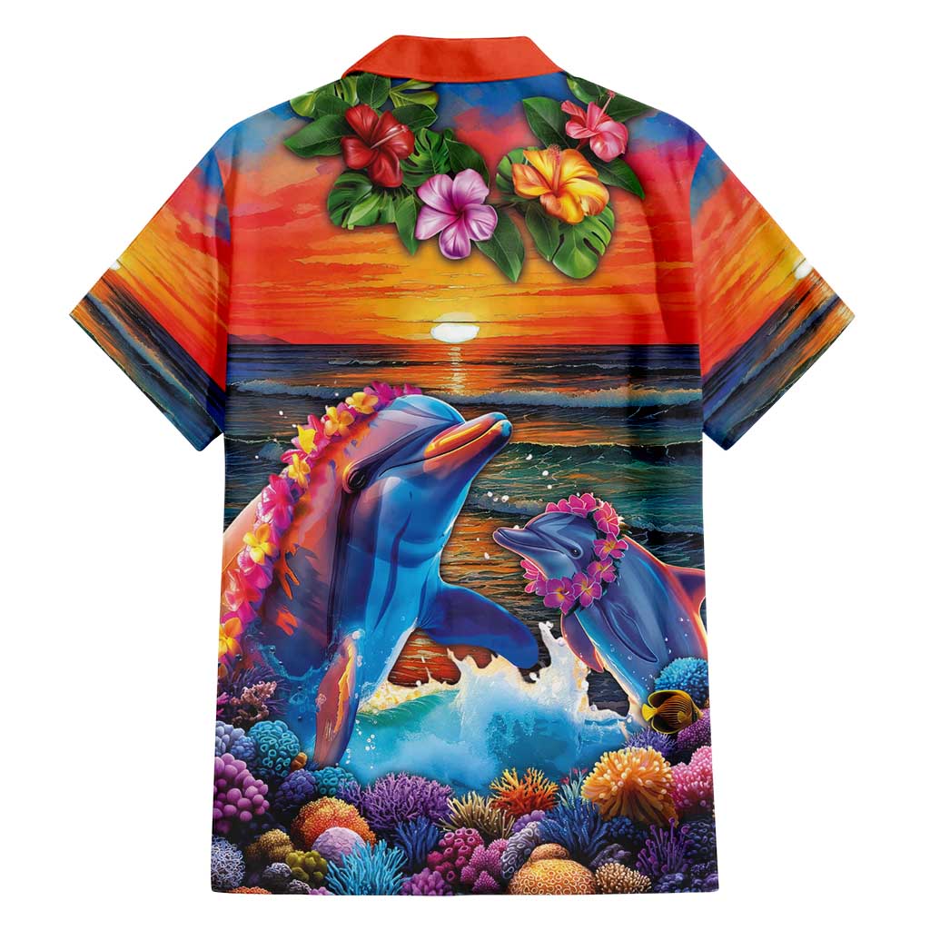 Hawaiian Lei Day Family Matching Summer Maxi Dress and Hawaiian Shirt Dolphins with Colorful Corals and Romantic Sunset LT03 - Polynesian Pride