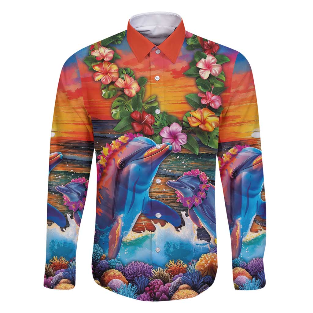 Hawaiian Lei Day Family Matching Summer Maxi Dress and Hawaiian Shirt Dolphins with Colorful Corals and Romantic Sunset LT03 Dad's Shirt - Long Sleeve Orange - Polynesian Pride