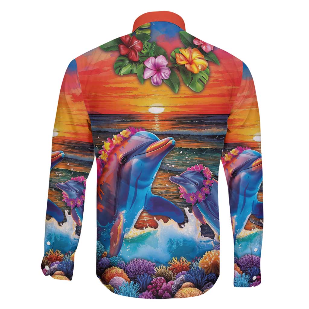 Hawaiian Lei Day Family Matching Summer Maxi Dress and Hawaiian Shirt Dolphins with Colorful Corals and Romantic Sunset LT03 - Polynesian Pride
