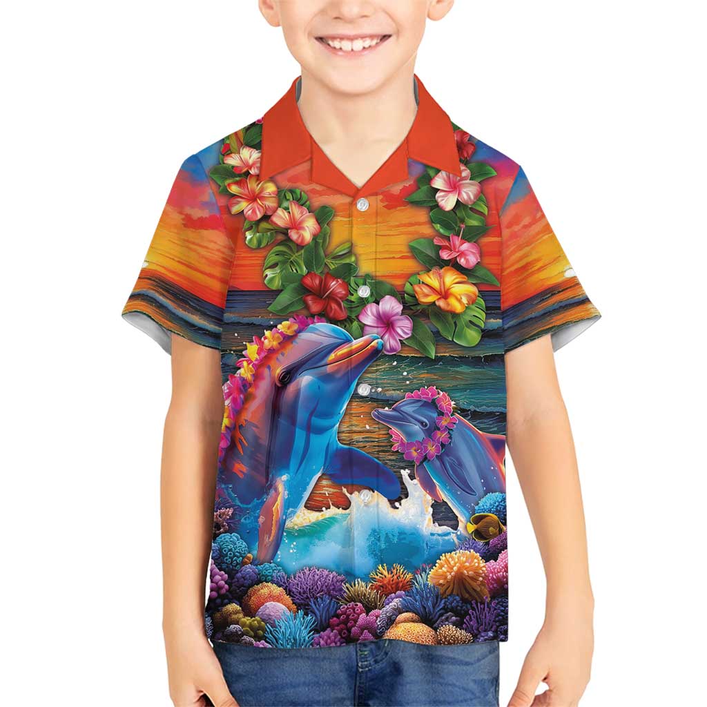 Hawaiian Lei Day Family Matching Summer Maxi Dress and Hawaiian Shirt Dolphins with Colorful Corals and Romantic Sunset LT03 Son's Shirt Orange - Polynesian Pride