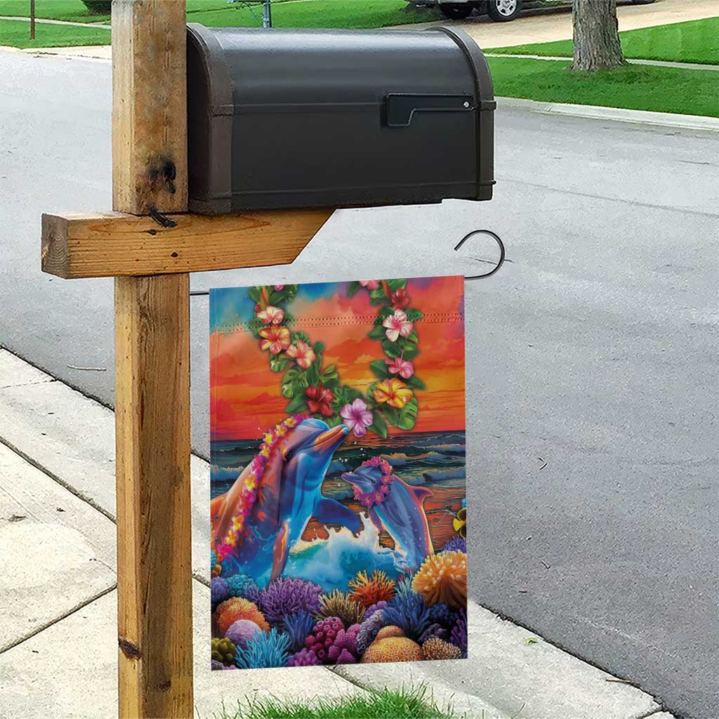 Hawaiian Lei Day Garden Flag Dolphins with Colorful Corals and Romantic Sunset