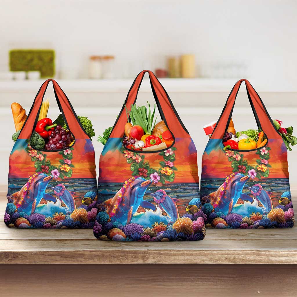 Hawaiian Lei Day Grocery Bag Dolphins with Colorful Corals and Romantic Sunset