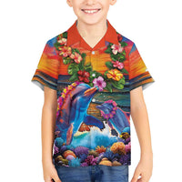 Hawaiian Lei Day Kid Hawaiian Shirt Dolphins with Colorful Corals and Romantic Sunset