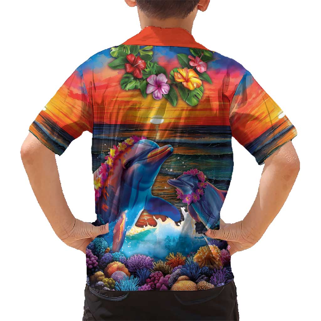 Hawaiian Lei Day Kid Hawaiian Shirt Dolphins with Colorful Corals and Romantic Sunset
