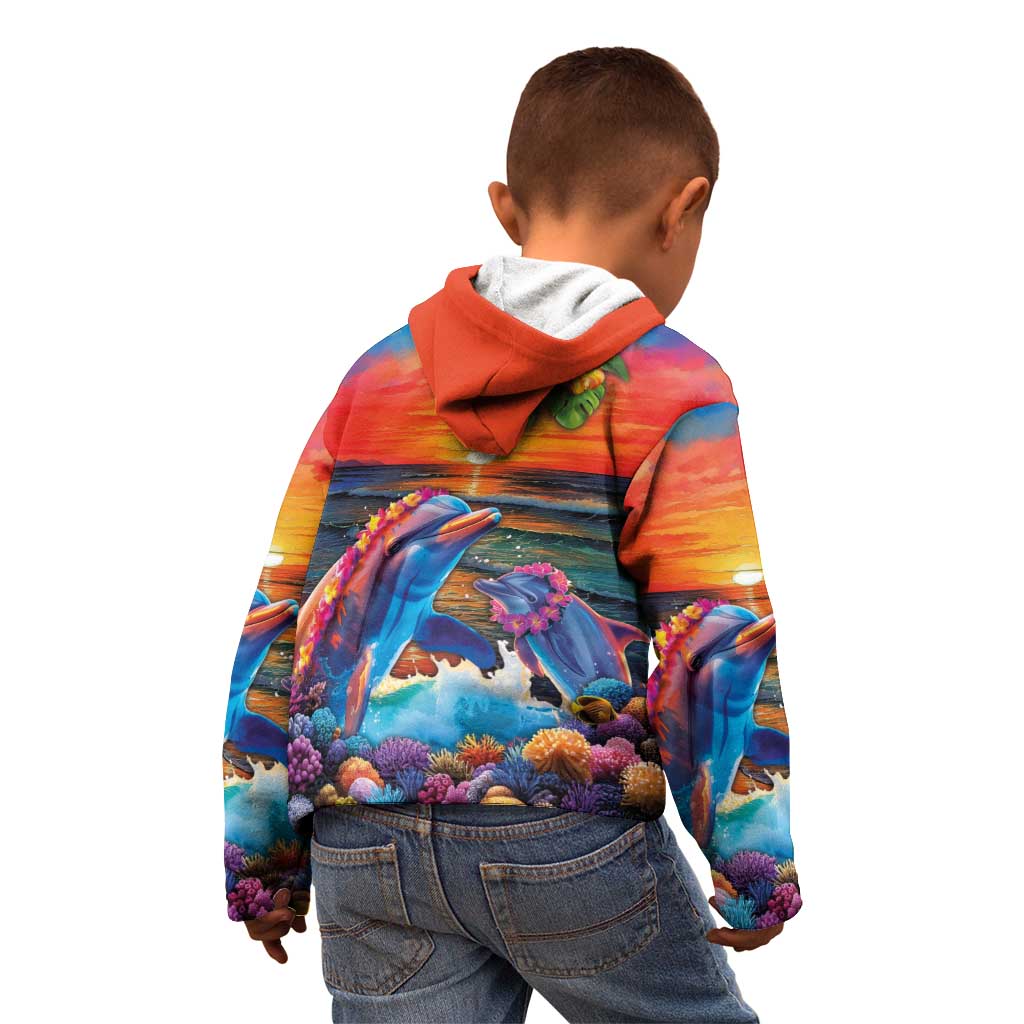 Hawaiian Lei Day Kid Hoodie Dolphins with Colorful Corals and Romantic Sunset