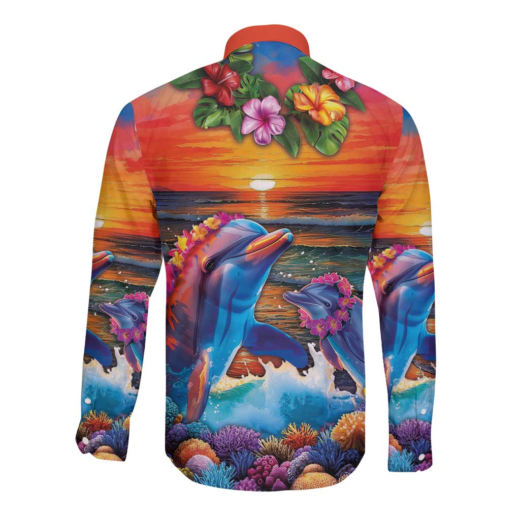 Hawaiian Lei Day Long Sleeve Button Shirt Dolphins with Colorful Corals and Romantic Sunset