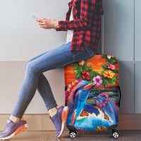 Hawaiian Lei Day Luggage Cover Dolphins with Colorful Corals and Romantic Sunset