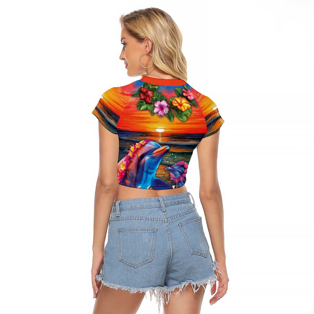 Hawaiian Lei Day Raglan Cropped T Shirt Dolphins with Colorful Corals and Romantic Sunset