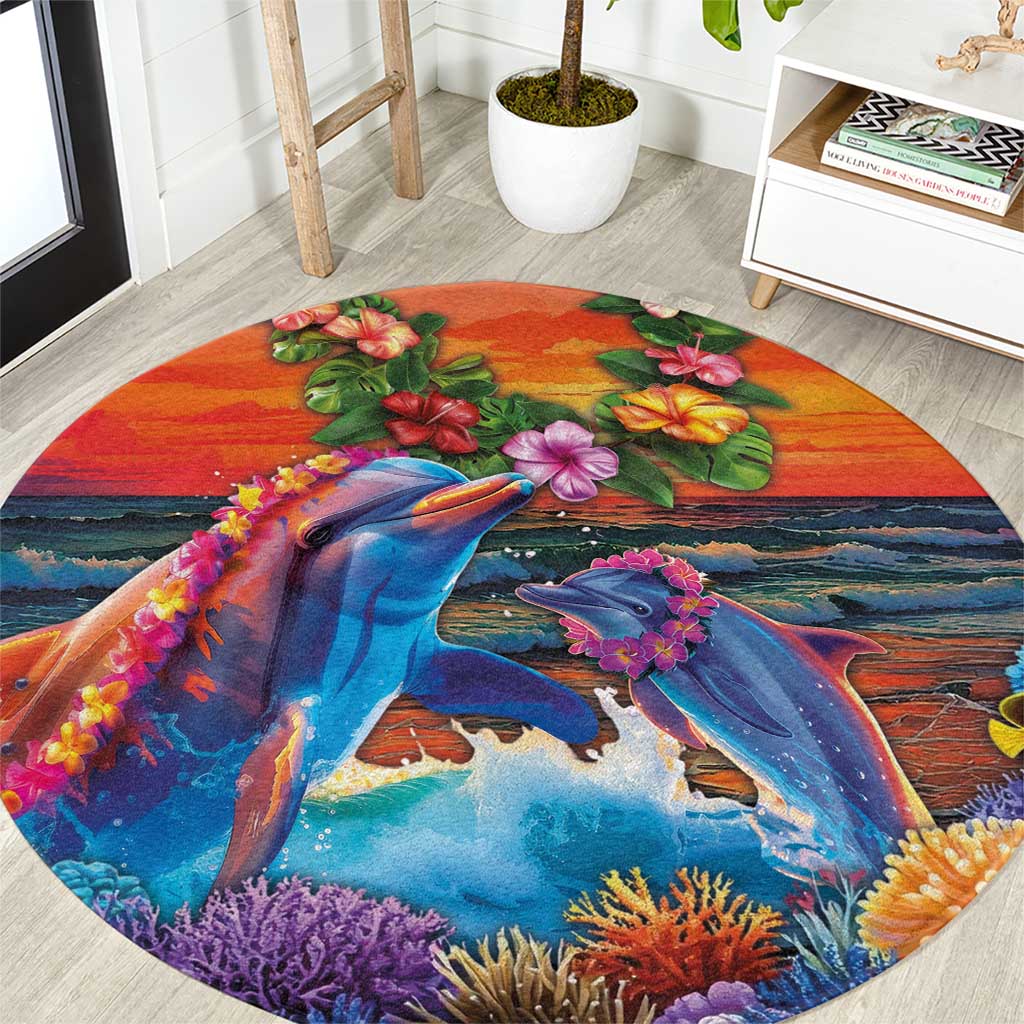 Hawaiian Lei Day Round Carpet Dolphins with Colorful Corals and Romantic Sunset LT03 Orange - Polynesian Pride