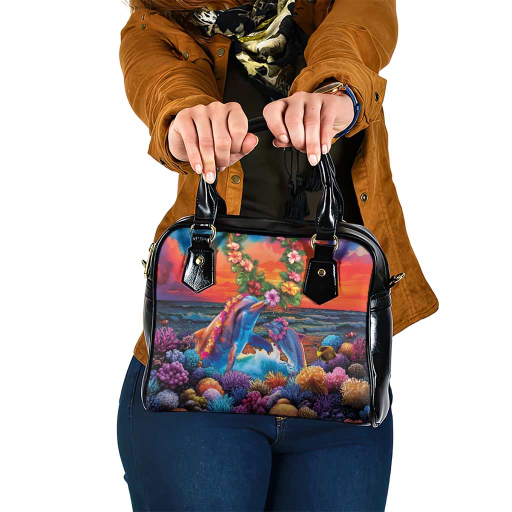 Hawaiian Lei Day Shoulder Handbag Dolphins with Colorful Corals and Romantic Sunset LT03 One Size Orange - Polynesian Pride