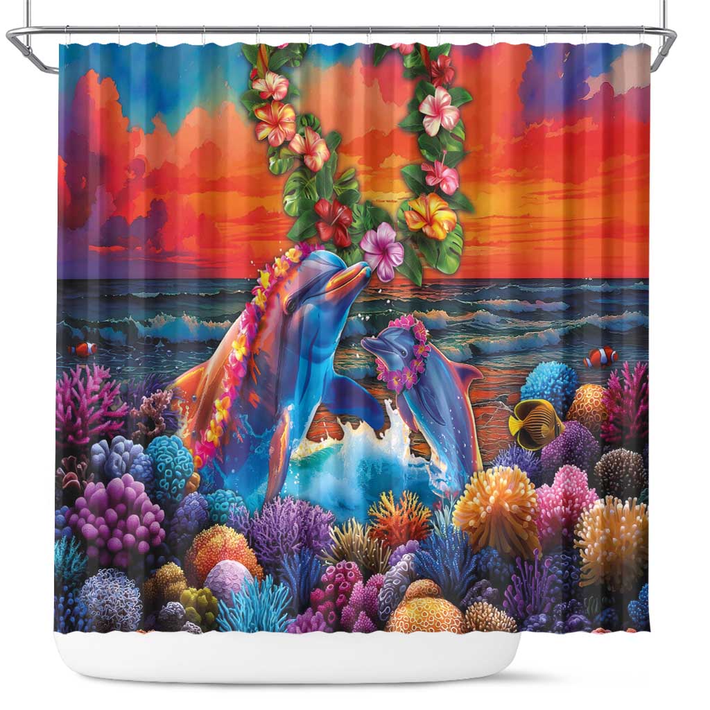 Hawaiian Lei Day Shower Curtain Dolphins with Colorful Corals and Romantic Sunset LT03 Orange - Polynesian Pride
