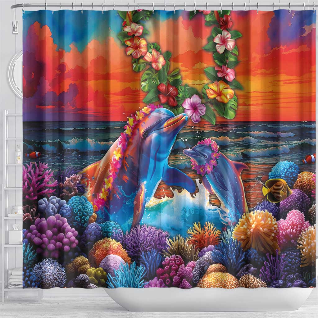Hawaiian Lei Day Shower Curtain Dolphins with Colorful Corals and Romantic Sunset LT03 - Polynesian Pride
