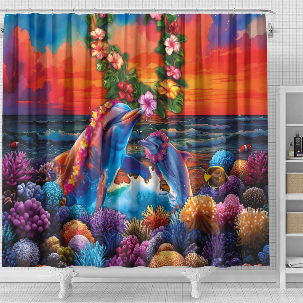 Hawaiian Lei Day Shower Curtain Dolphins with Colorful Corals and Romantic Sunset LT03 - Polynesian Pride