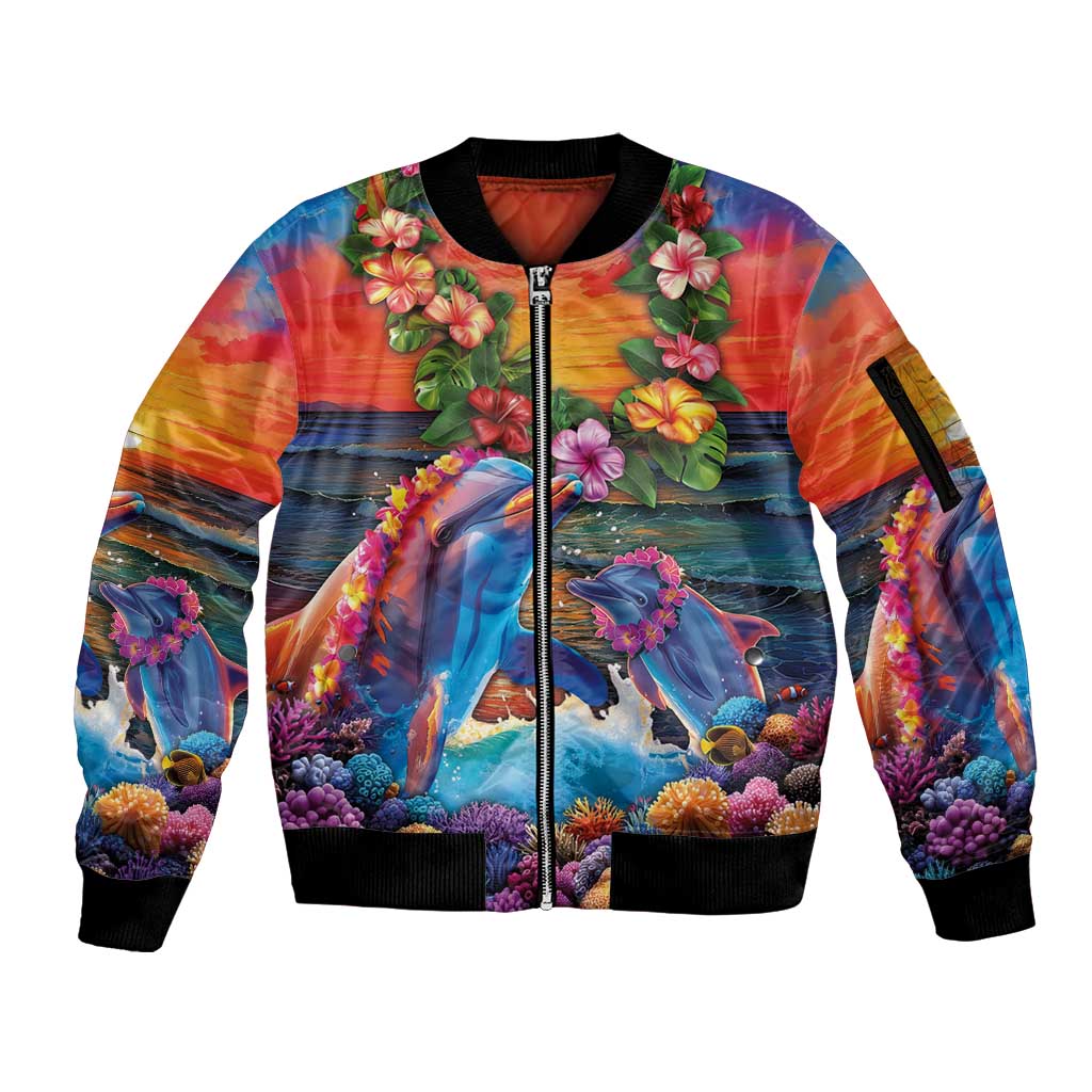 Hawaiian Lei Day Sleeve Zip Bomber Jacket Dolphins with Colorful Corals and Romantic Sunset LT03 Unisex Orange - Polynesian Pride
