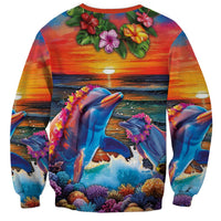 Hawaiian Lei Day Sweatshirt Dolphins with Colorful Corals and Romantic Sunset