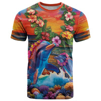 Hawaiian Lei Day T Shirt Dolphins with Colorful Corals and Romantic Sunset LT03 Orange - Polynesian Pride
