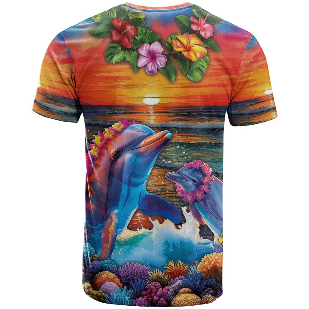 Hawaiian Lei Day T Shirt Dolphins with Colorful Corals and Romantic Sunset LT03 - Polynesian Pride
