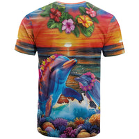 Hawaiian Lei Day T Shirt Dolphins with Colorful Corals and Romantic Sunset LT03 - Polynesian Pride