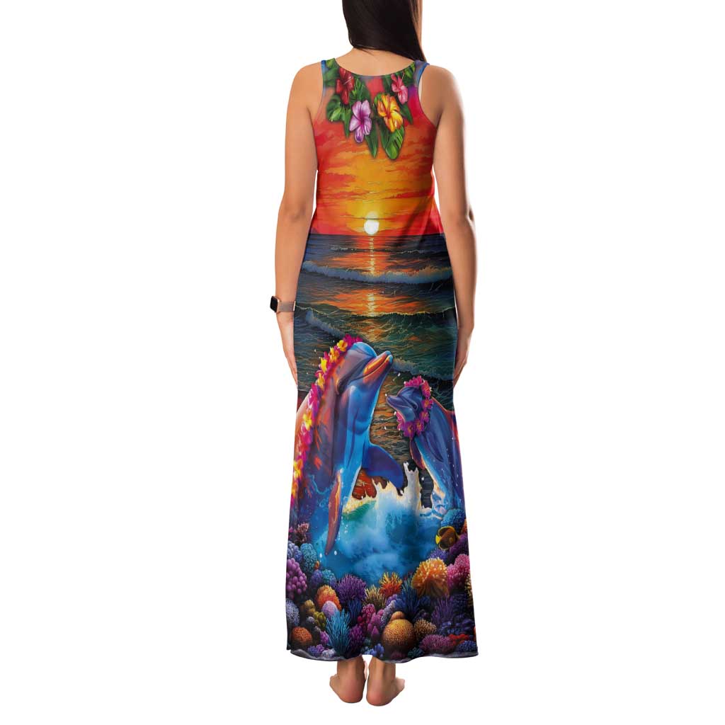 Hawaiian Lei Day Tank Maxi Dress Dolphins with Colorful Corals and Romantic Sunset