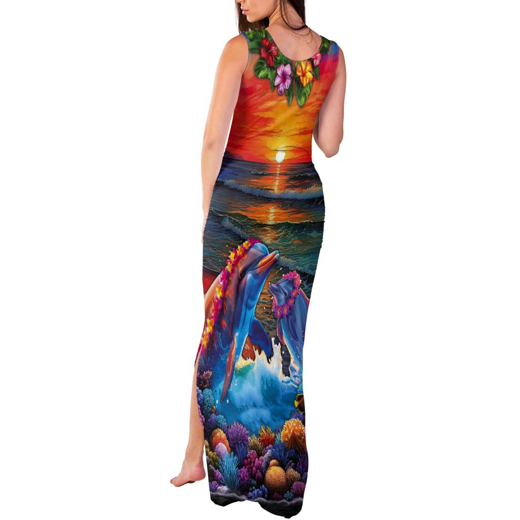 Hawaiian Lei Day Tank Maxi Dress Dolphins with Colorful Corals and Romantic Sunset