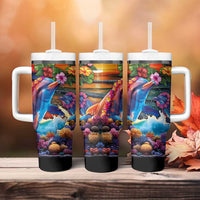 Hawaiian Lei Day Tumbler With Handle Dolphins with Colorful Corals and Romantic Sunset
