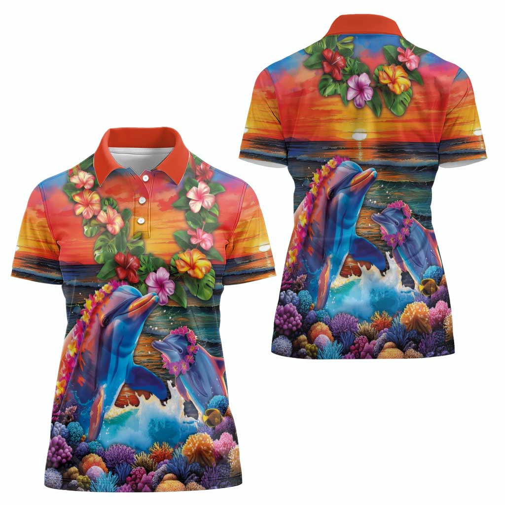 Hawaiian Lei Day Women Polo Shirt Dolphins with Colorful Corals and Romantic Sunset