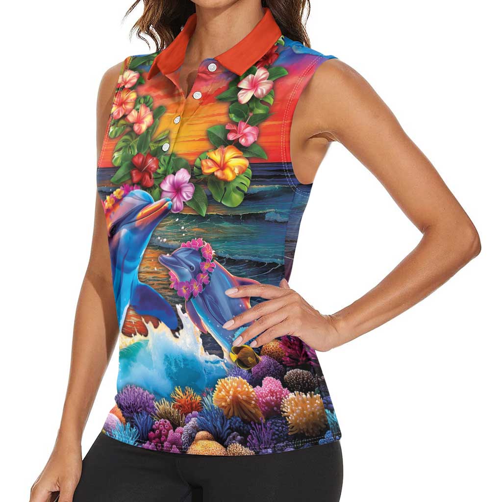 Hawaiian Lei Day Women Sleeveless Polo Shirt Dolphins with Colorful Corals and Romantic Sunset